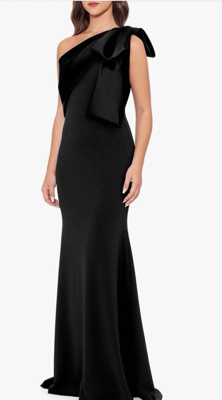 Betsy & Adam Carmela Satin Bow Scuba Crepe Mermaid Gown Maxi Dress Size 8 NEW